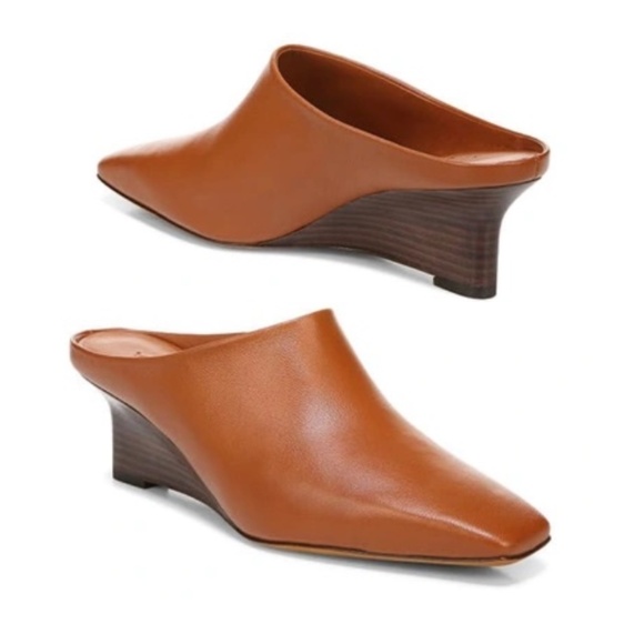 Vince Leather Benita Square Toe Slip On Clog Wedge Heel Pumps (Rust Amber) - Picture 2 of 16